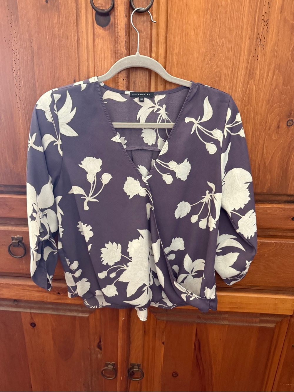 White Floral Wrap Blouse in Deep Purple - Women Tops